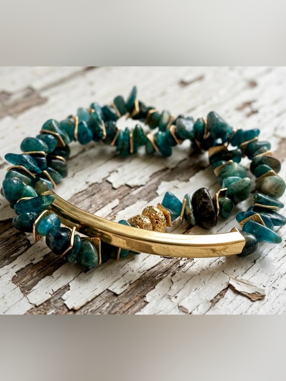 Teal Quartz Chip Double Wrap Stretchy Bracelet with Gold Bar Accent
